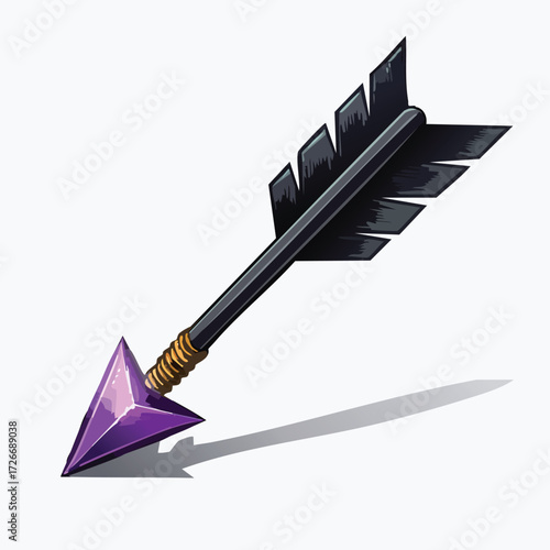 A purple-tipped arrow with black fletching, casting a shadow on a white background