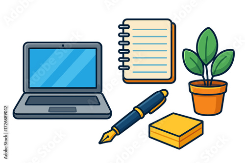 Laptop computer, notepad, pen, houseplant, and sticky notes on a desk, representing office and study items