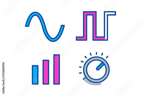 Sound waves, pulse signals, data bars, and control knob icons for technology, science, and engineering applications