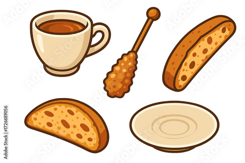 Warm coffee cup with crunchy biscotti cookies, sweet rock candy stick, and saucer, perfect for breakfast or coffee break