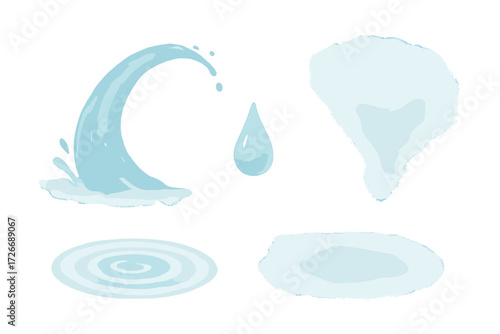 Collection of blue water elements including a dynamic splash, single droplet, and concentric ripples