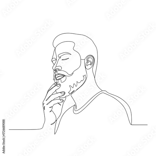 Bearded man thinking with hand on chin in minimalist line art style