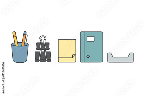 Collection of essential office supplies including pens, binder clip, sticky notes, folder, and paper tray
