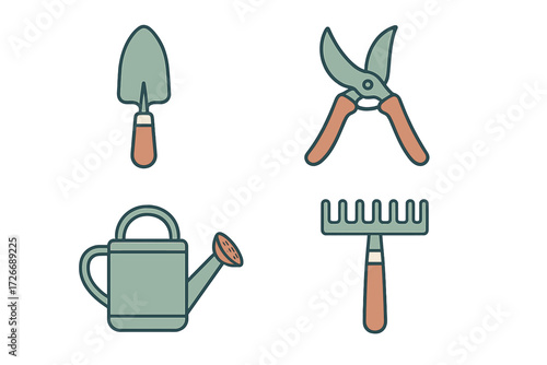 Collection of essential garden tools for planting, pruning, and watering plants in a home garden or backyard setting