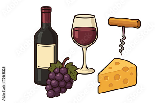 Classic red wine bottle, glass, grapes, cheese, and corkscrew arrangement for culinary and drink themes