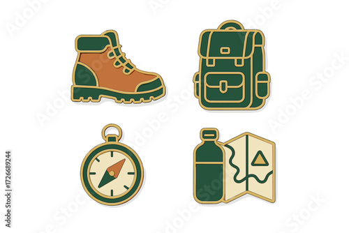 Essential outdoor adventure and camping equipment items including a hiking boot, backpack, compass, and map for exploration