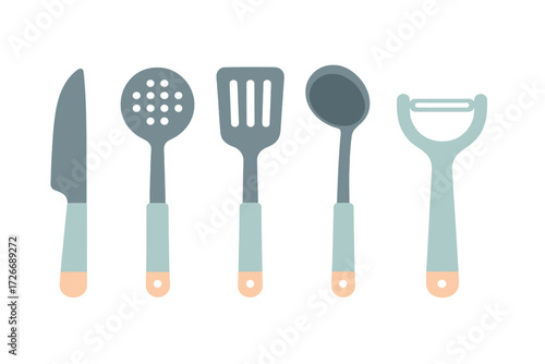 Collection of essential kitchen utensils including knife, slotted spoon, spatula, ladle, and peeler