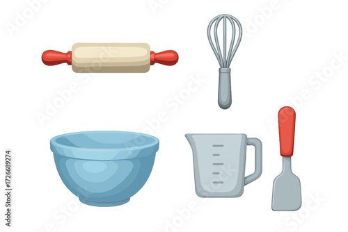 Collection of essential kitchen baking tools including rolling pin whisk mixing bowl measuring cup and spatula