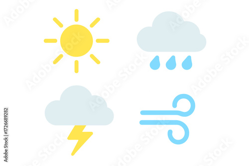 Simple weather forecast icons featuring bright sun, rainy cloud, stormy lightning, and swirling wind symbols
