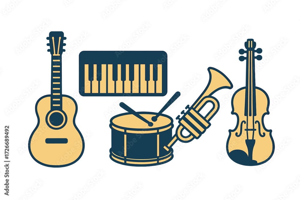 Naklejka premium Diverse collection of musical instruments featuring an acoustic guitar, keyboard, drum, trumpet, and violin