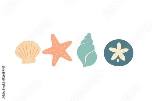 Charming pastel marine life collection featuring various seashells starfish and sand dollar designs, perfect for summer and beach themes on a clean white background