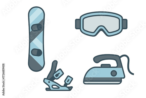 Collection of winter sports gear including snowboard, bindings, goggles, and a household electric iron