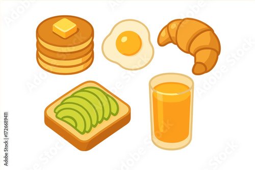 Delicious and healthy breakfast food items including pancakes, fried egg, croissant, avocado toast, and refreshing orange juice