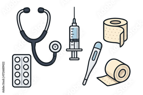 Essential medical equipment and healthcare supplies including stethoscope syringe thermometer pills and bandages for health concepts