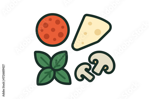 Assortment of classic pizza ingredients including pepperoni, cheese, basil, and mushrooms on a white background