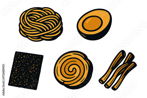 Essential Asian culinary elements featuring ramen noodles, sliced egg, nori, and other delicious food components