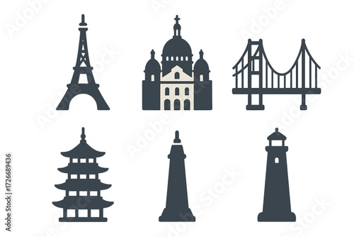 Famous global travel landmarks and architectural monuments silhouettes including towers, bridges, and temples