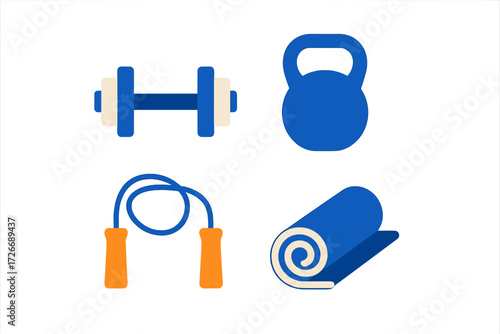 Essential fitness equipment including dumbbell, kettlebell, jump rope, and yoga mat for home workouts