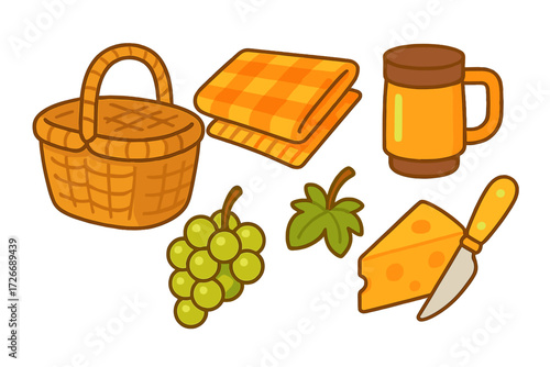 Collection of essential items for a delightful outdoor picnic including a basket, blanket, grapes, cheese, and a mug