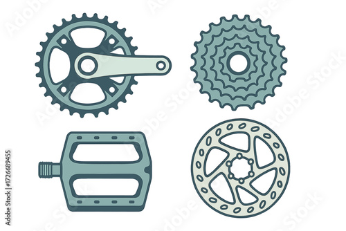 Essential bicycle drivetrain and brake components including crankset, cassette, pedal, and disc rotor
