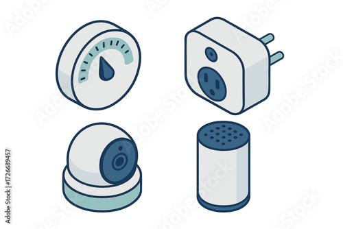 Collection of smart home technology devices featuring a thermostat, security camera, smart plug, and voice assistant speaker