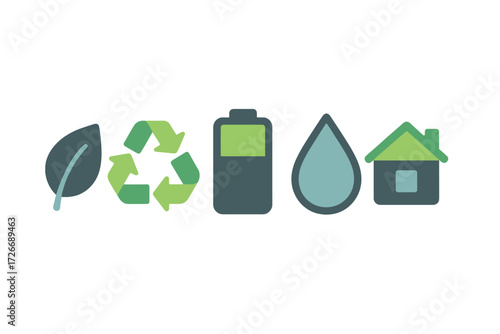 Set of eco-friendly icons symbolizing environmental protection, recycling, renewable energy, water conservation, and sustainable living