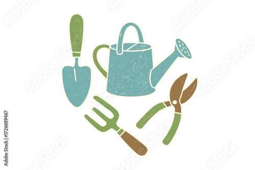 Collection of essential gardening tools including a trowel, watering can, hand fork, and pruning shears