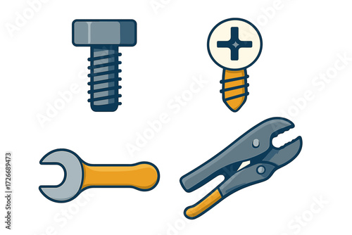 Essential hardware and repair tools including a sturdy bolt, a sharp screw, a versatile adjustable wrench, and strong locking pliers