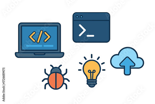Modern software development concepts illustrated with essential programming elements such as a laptop, terminal, bug, lightbulb, and cloud upload