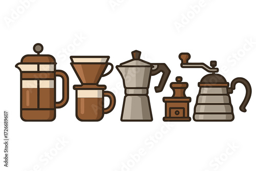Assortment of coffee brewing equipment including French press, pour over, Moka pot, grinder, and kettle