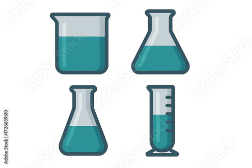 Collection of laboratory glassware with teal liquid for scientific experiments and chemical research