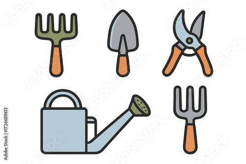 Collection of essential gardening tools and equipment including a watering can, trowel, hand forks, and pruning shears