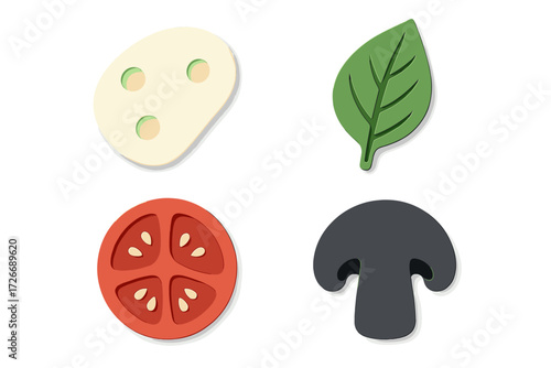 Assortment of fresh food ingredients for healthy cooking and meal preparation featuring cheese, tomato, mushroom, and spinach leaf