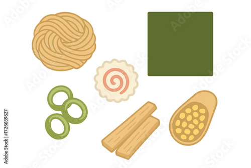 Japanese cuisine components including noodles, seaweed, fish cake, and green onions for Asian dishes