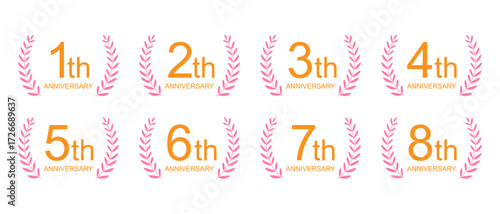 ピンクの周年記念デザインセット（1周年, 2周年, 3周年, 4周年, 5周年, 6周年, 7周年, 8周年）