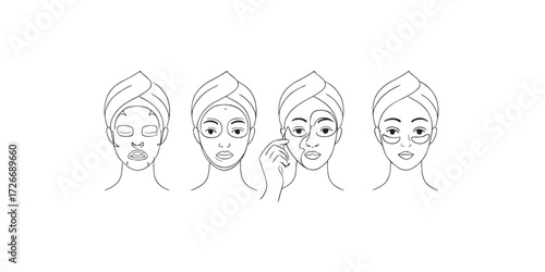 Print   Vector face mask illustration set – skincare sheet masks, clay masks, peel-off, under-eye patches – clean cosmetic line art, isolated