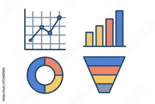 Modern business data visualization charts with line graph, bar chart, donut chart, and sales funnel for analytics and reporting