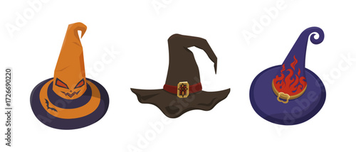 Halloween Witch hats cartoon set. Magical decorated hats in different shapes and colors. Vector illustration for holiday