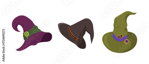 Witch hats cartoon set. Magical decorated hats in different shapes and colors with bat, clover, spiderweb . Vector illustration for Halloween holiday