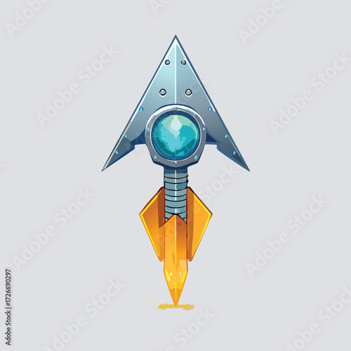 Sleek graphic illustration of a futuristic arrow rocket, embodying rapid technological advancement and forward-thinking innovation, launching dynamically with a vibrant fiery propulsion