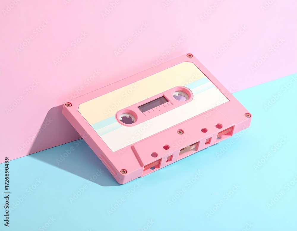 Fototapeta premium Pink Retro Cassette Tape on Pastel Background.