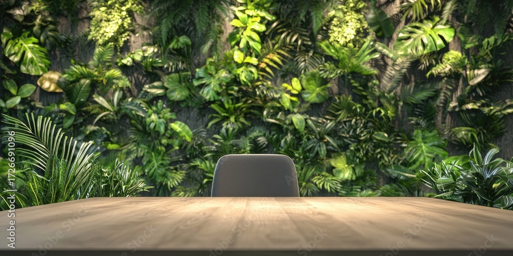 Obraz premium Office background with branded wall, plants, and meeting table Stock photo