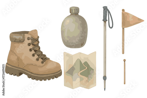 Collection of essential outdoor adventure hiking equipment including boots, canteen, map, trekking pole, and flag for wilderness exploration