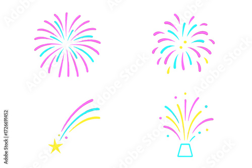 Bright and colorful festive elements featuring sparkling fireworks bursts and a dynamic shooting star for celebration events