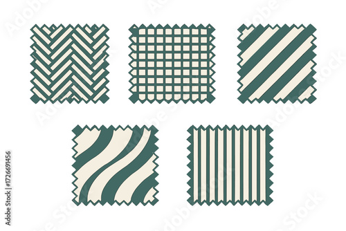 Five fabric swatches with various geometric patterns including herringbone, grid, diagonal, wavy, and vertical stripes