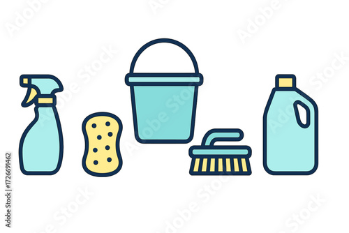 Assortment of essential household cleaning tools and hygiene products for domestic chores and sanitation purposes