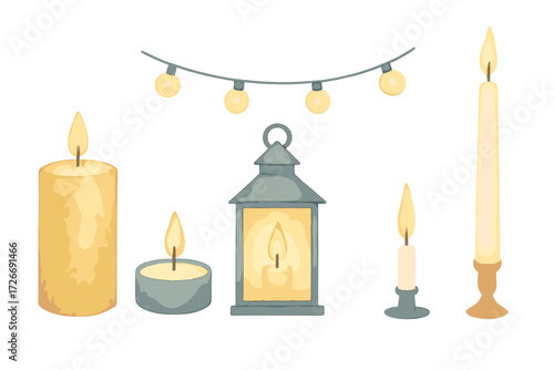 Assortment of glowing pillar candles, tealight, tall taper candle, rustic lantern, and decorative string lights for festive ambiance