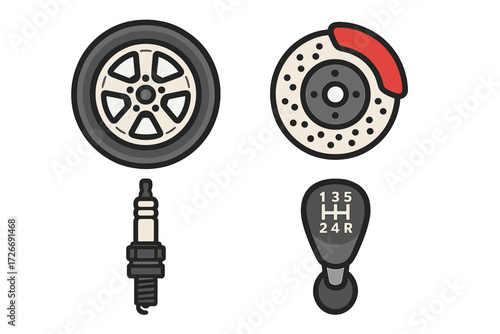 Collection of essential automotive spare parts, including a car wheel, brake disc, spark plug, and manual gear shift knob for vehicle maintenance