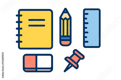 Assortment of essential school and office supplies including a spiral notebook pencil ruler eraser and pushpin