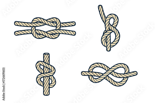Detailed set of various essential rope knots, including square knot, figure eight, and cleat hitch, for sailing, climbing, and general utility purposes